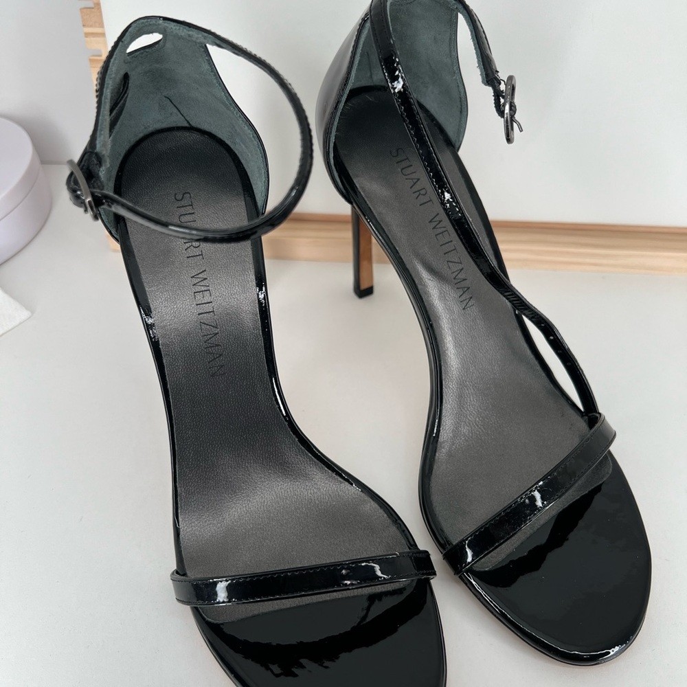 Stuart Weitzman Glossy Black Ankle Strap Heels